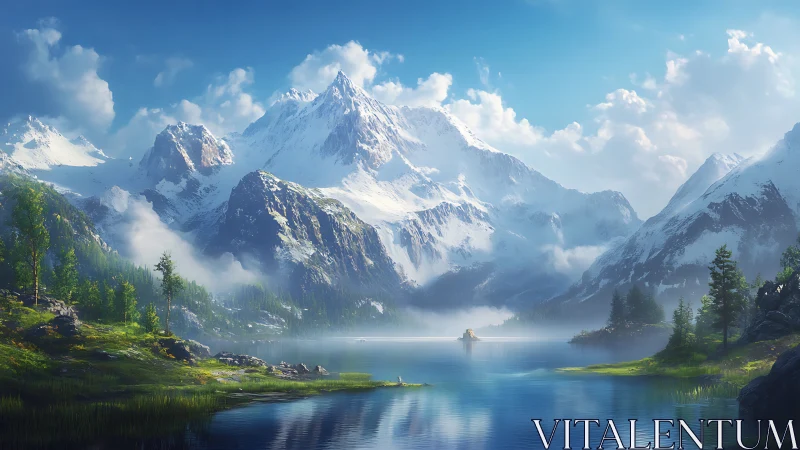 Snowlit peaks watching over a glassy blue mountain lake.