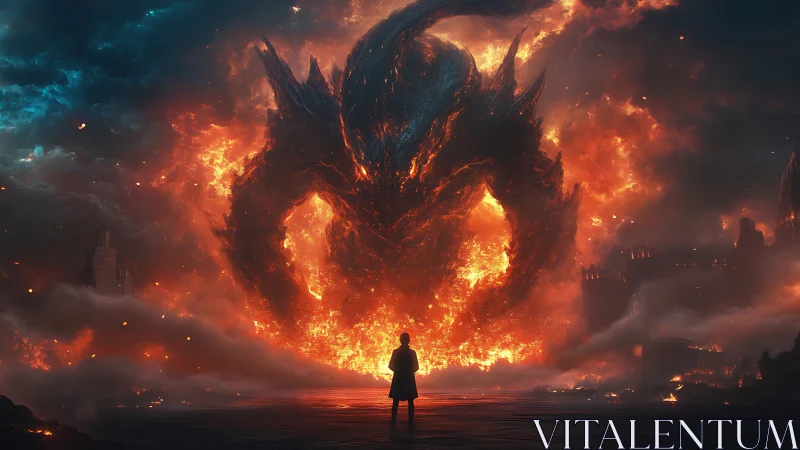 Digital painting of apocalyptic fire titan confronting lone figure.