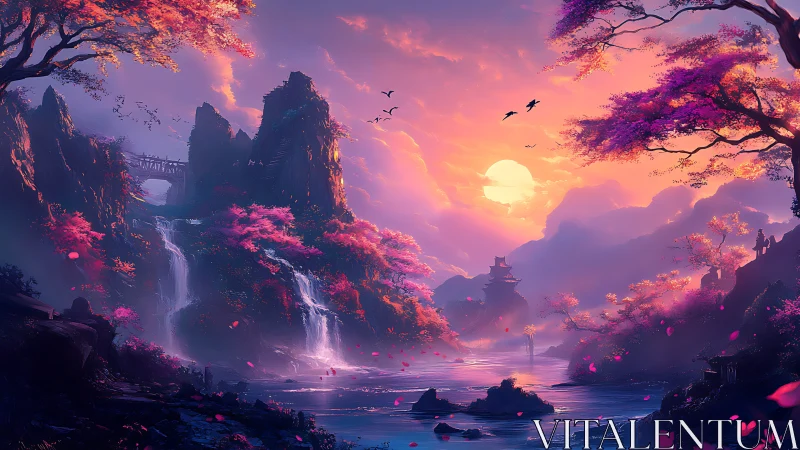 Sunlit fantasy valley with waterfalls and sakura groves