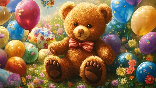 Cheerful Teddy Bear Surrounded by Balloons and Flowers.