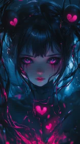 Digital portrait depicts glowing heart motifs and central figure