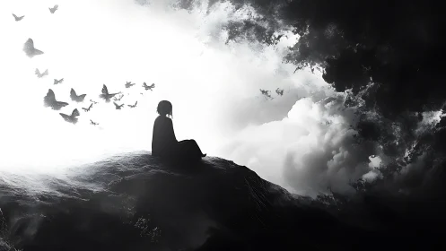 Gentle silhouette rests as butterflies cross light and shadow