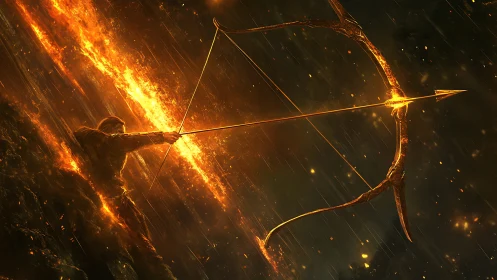 Fiery archer draws golden bowstring against blazing rift
