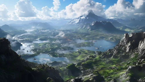 Epic fantasy valley with shimmering lakes under vast skies.