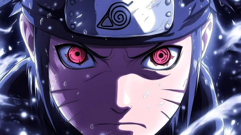 Intense anime ninja close-up with glowing scarlet eyes.