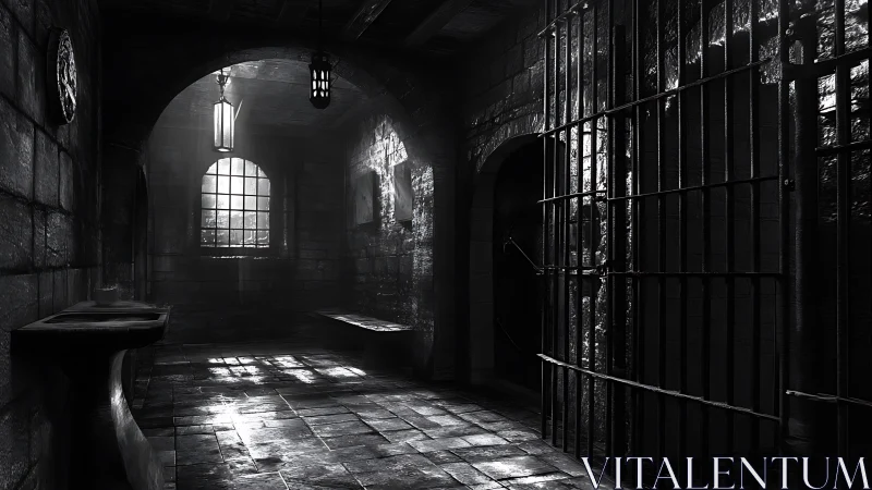 Monochrome stone prison corridor with barred cell gate.