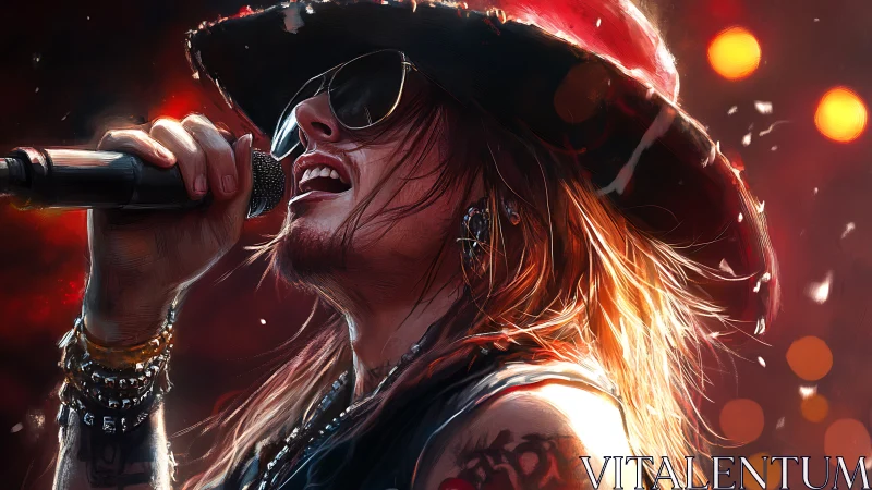 Digital rocker portrait under stage lights in vivid color.