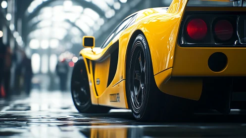 Sunlit yellow supercar prowls a glossy tunnel of reflections