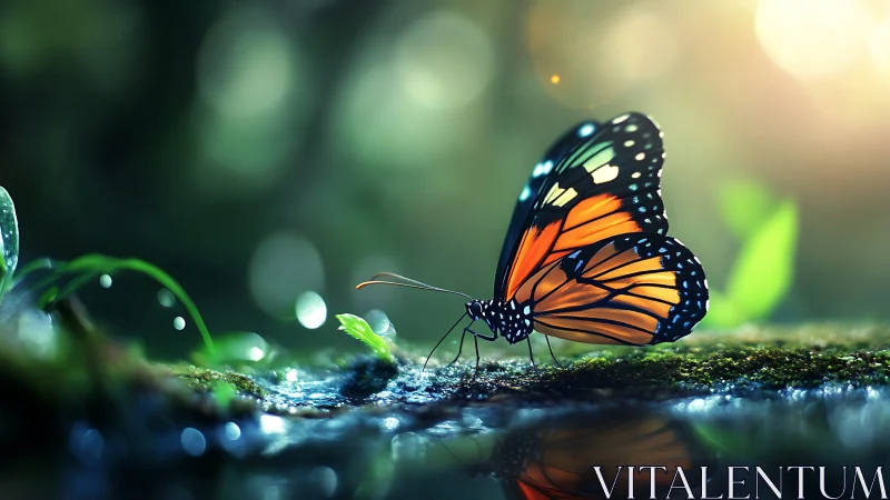 Macro optical study of monarch butterfly at riparian edge.