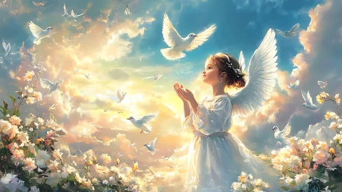 Ethereal child angel in luminous floral sky composition.