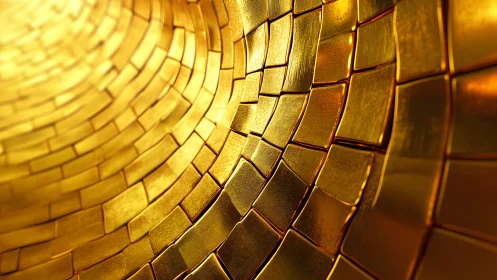 Abstract golden tunnel of curved metallic tiles, glowing design.