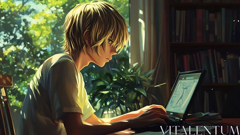 Teen artist sketches digitally beside sunlit window