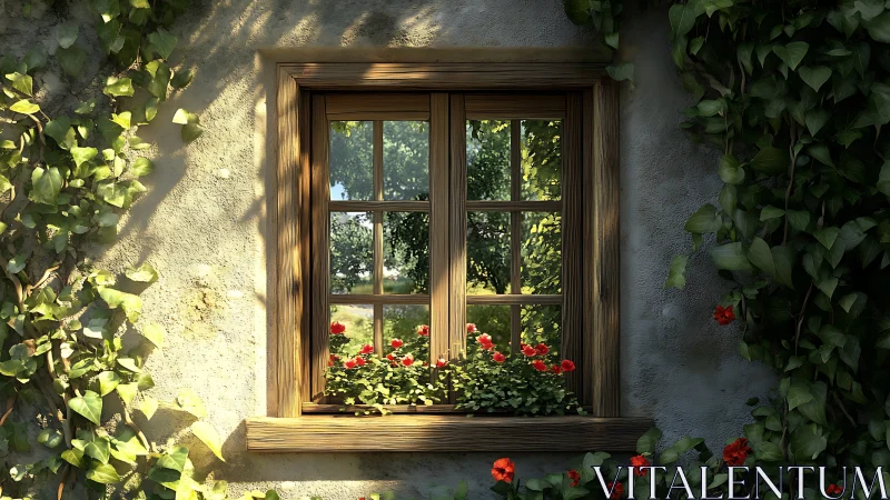 Sunlit cottage window framed with ivy and bright blooms.