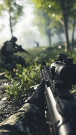 Soldier aiming rifle prone in sunlit forest clearing