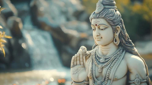 Marble Shiva statue with intricate jewelry before soft bokeh waterfall