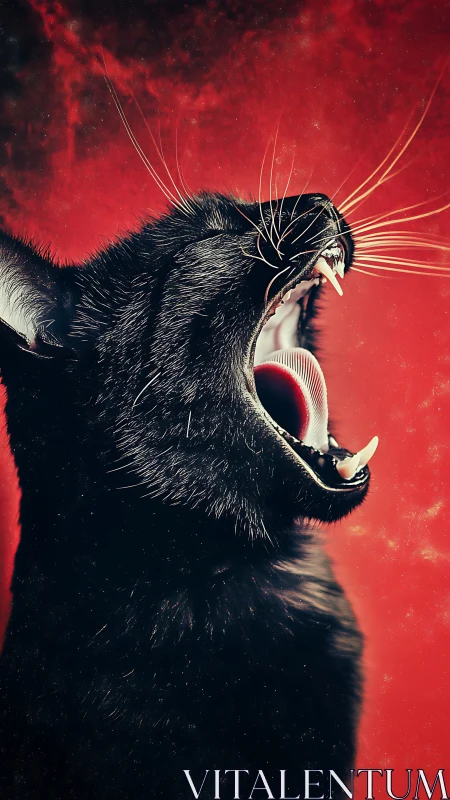 Black cat profile roaring against vivid crimson nebula field.