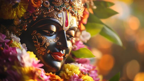 Ornate dark-toned deity statue with floral garland and bokeh light