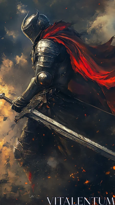Armored knight with red cloak in burning battlefield.