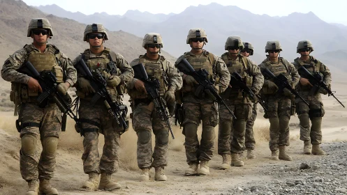 Infantry squad on desert patrol in full combat loadout