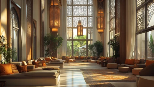 Sunlit Moroccan lounge with ornate lattice windows and lamps