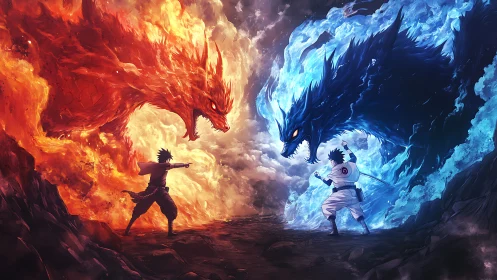 Dual elemental warriors command colossal chakra beasts.