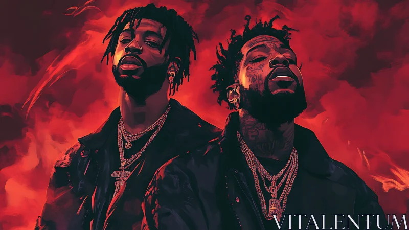Dual rap portrait in high-saturation red digital rendering.
