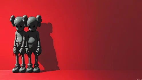 Twin gray vinyl figures against stark crimson wall.
