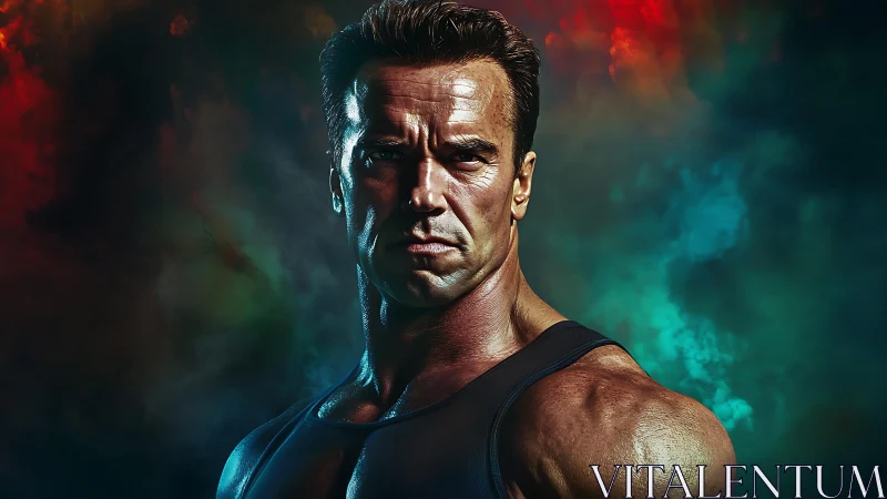 Muscular male portrait rendered against dense colored smoke