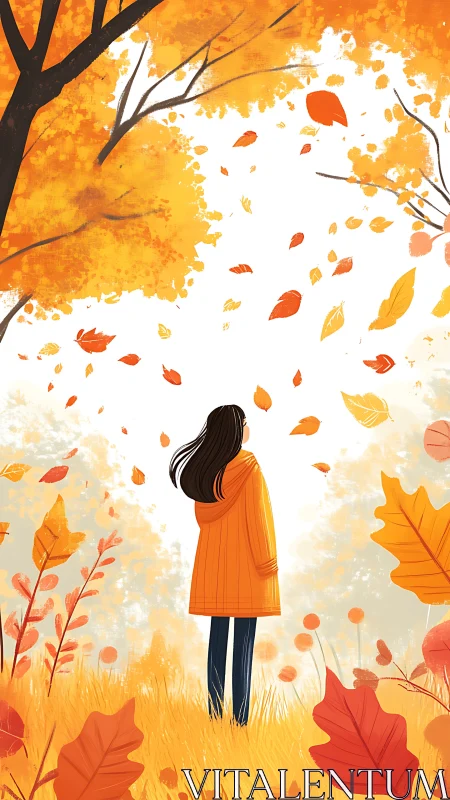 Autumnal vector scene with solitary observer in leaf vortex.