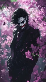 Man with smeared clown makeup stands among pink blossoms