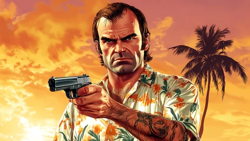 Armed man in floral shirt against tropical sunset sky.