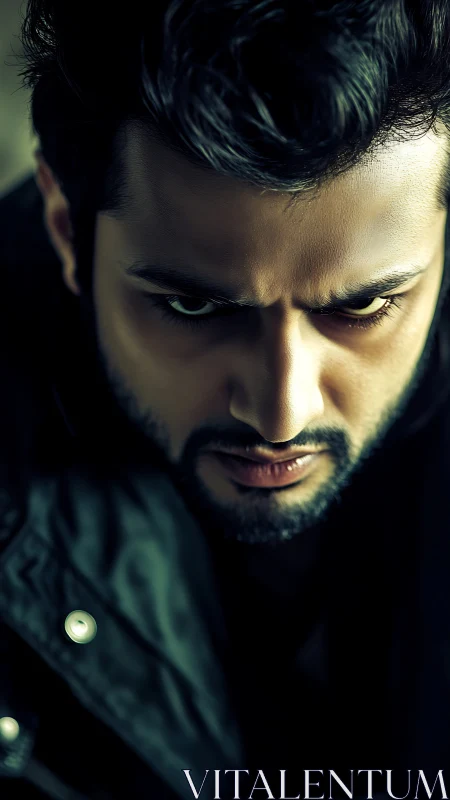 Intense close up portrait of man with serious expression.