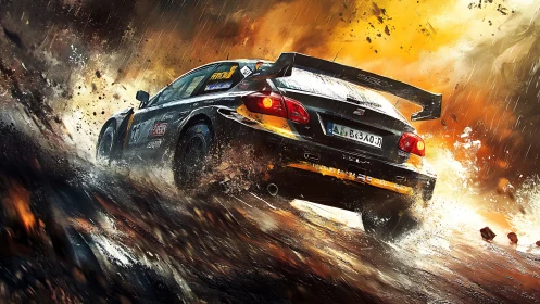 Rain-slashed rally beast carves firelit mud into comets