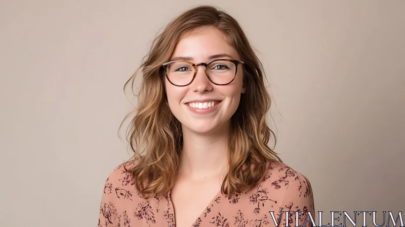 Young woman with glasses smiling in modern studio portrait.