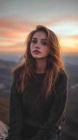 Young woman seated outdoors under soft sunset sky.