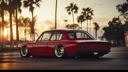 Low-slung red classic coupe at golden hour by palms.