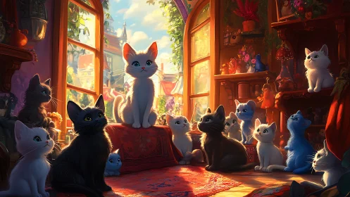 Cats Gather in Golden Sunlit Study.