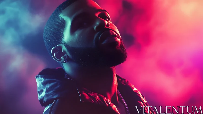 Neon smoke halo crowns a contemplative urban night icon.