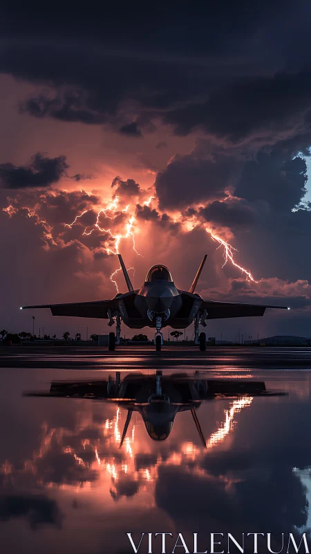 Photorealistic jet portrait against storm lightning symmetry.