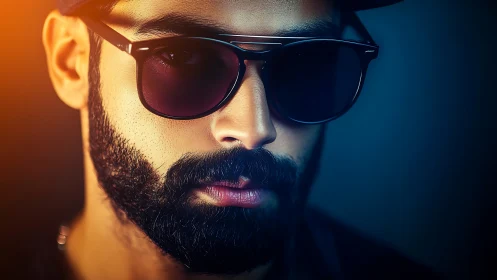 Cool bearded portrait in moody light and modern sunglasses.