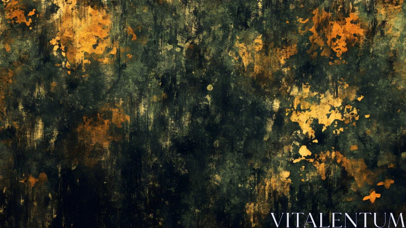 Abstract grunge texture with dark green and gold splatters.