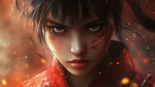 Digital painting portrait of fierce warrior amid ember field.