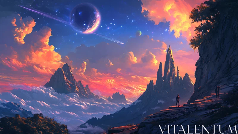 Cosmic mountain vista under glowing nebula sky at dusk.