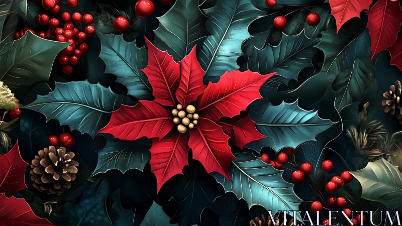 Digital poinsettia and holly arrangement uses deep festive contrast
