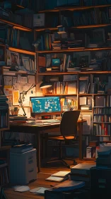 Crowded study workspace with computer desk and wall shelves.