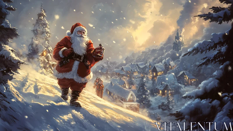 Santa traverses illuminated Alpine village under snowfall.