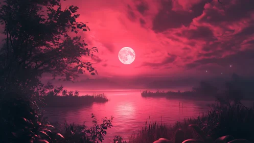 Full moon over red-tinted lake with silhouetted shoreline.