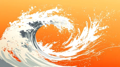 Vectorized cresting wave with dynamic splatter gradients on orange.