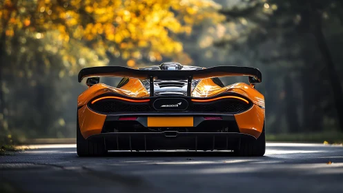 Rear aero study of orange hypercar on sunlit forest road.