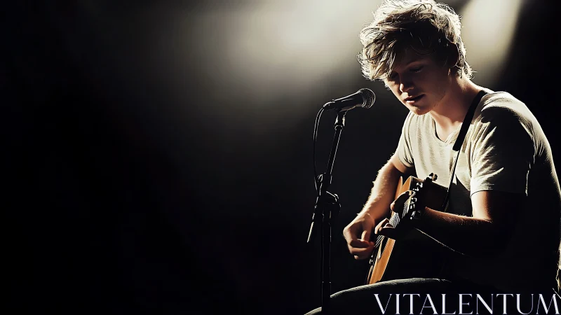 Young guitarist leans into a spotlight, lost in tender melody